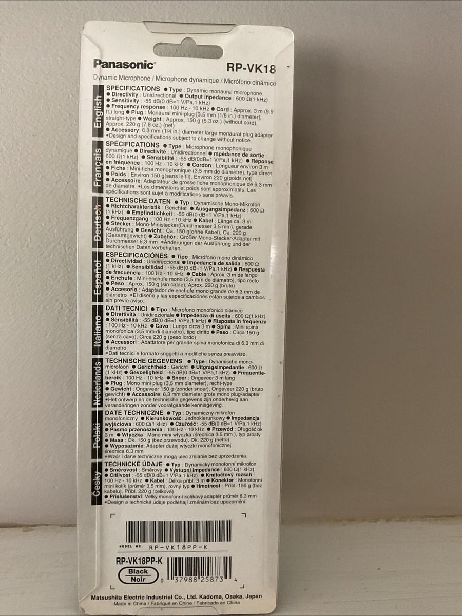 Panasonic RP-VK18 Dynamic Cable Consumer Microphone Brand New in