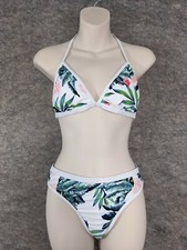 Bikini Swimsuit Womens Large 2 Piece White Green Tropical Triangle Top Cheeky