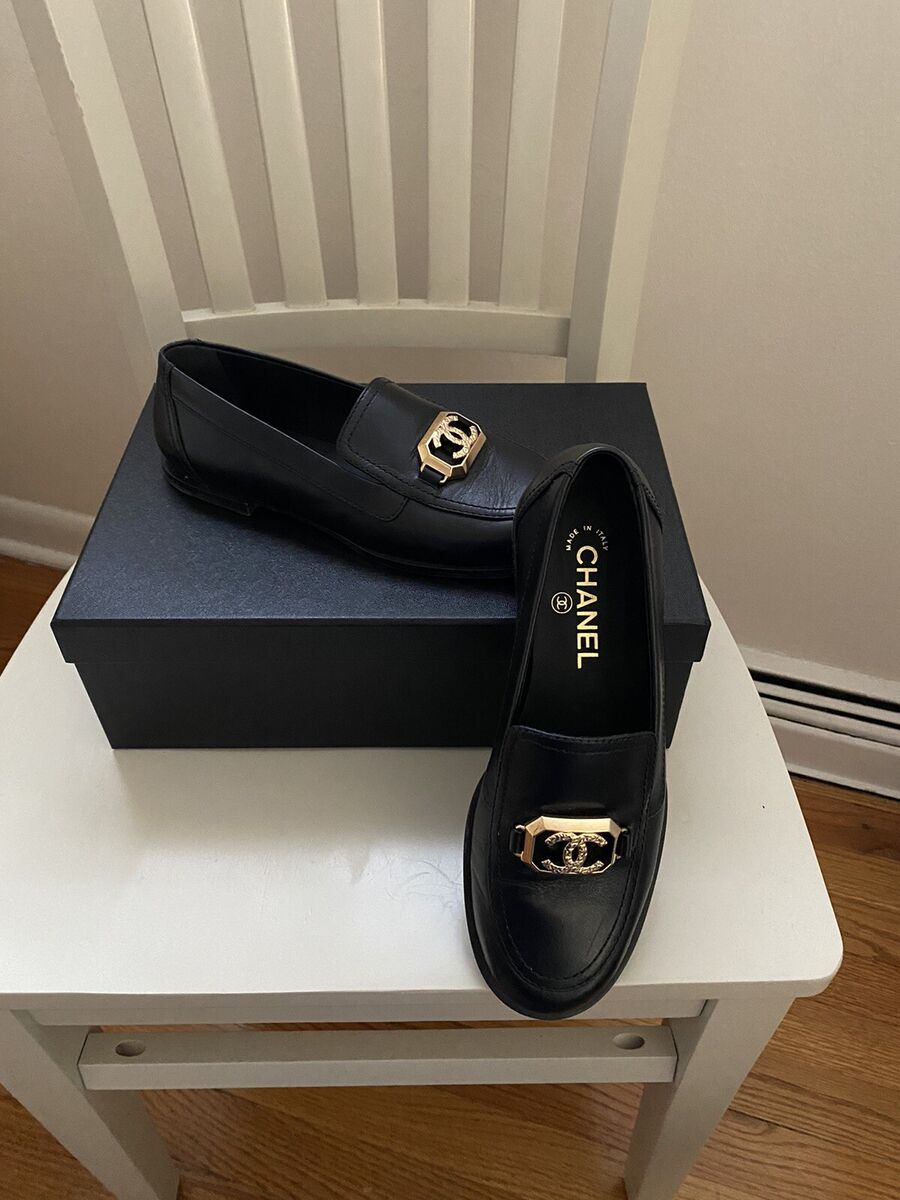 Chanel Black Moccasin Loafers W/ Gold CC. 2023 New In Box Chanel Black Moccasin Loafers W/ Gold CC. 2023 New In Box