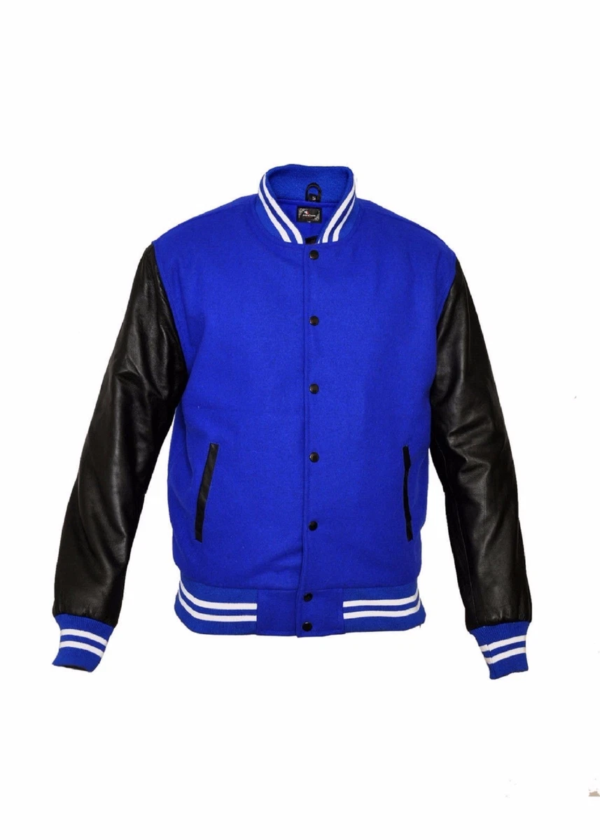 Navy Blue Wool Body & Bright White Leather Sleeves Letterman Jacket