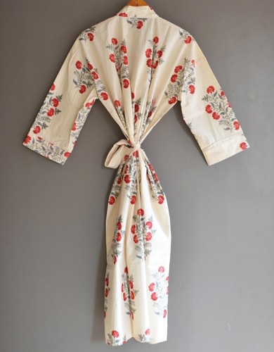 Cotton Kimono Robe Dressing Gown, Block Print Bridesmaid Robe, Summer Nightwear, - Picture 4 of 5