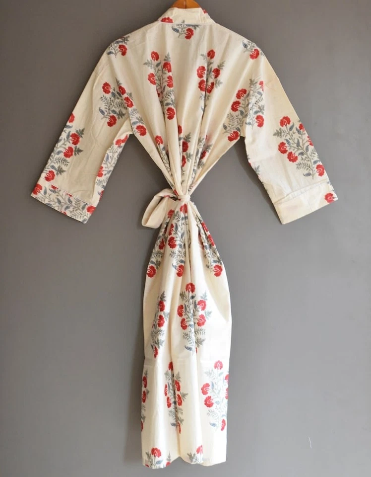 Bata kimono de algodón, bata de dama de honor con estampado de bloques, ropa de dormir de verano, Foto 4 de 4