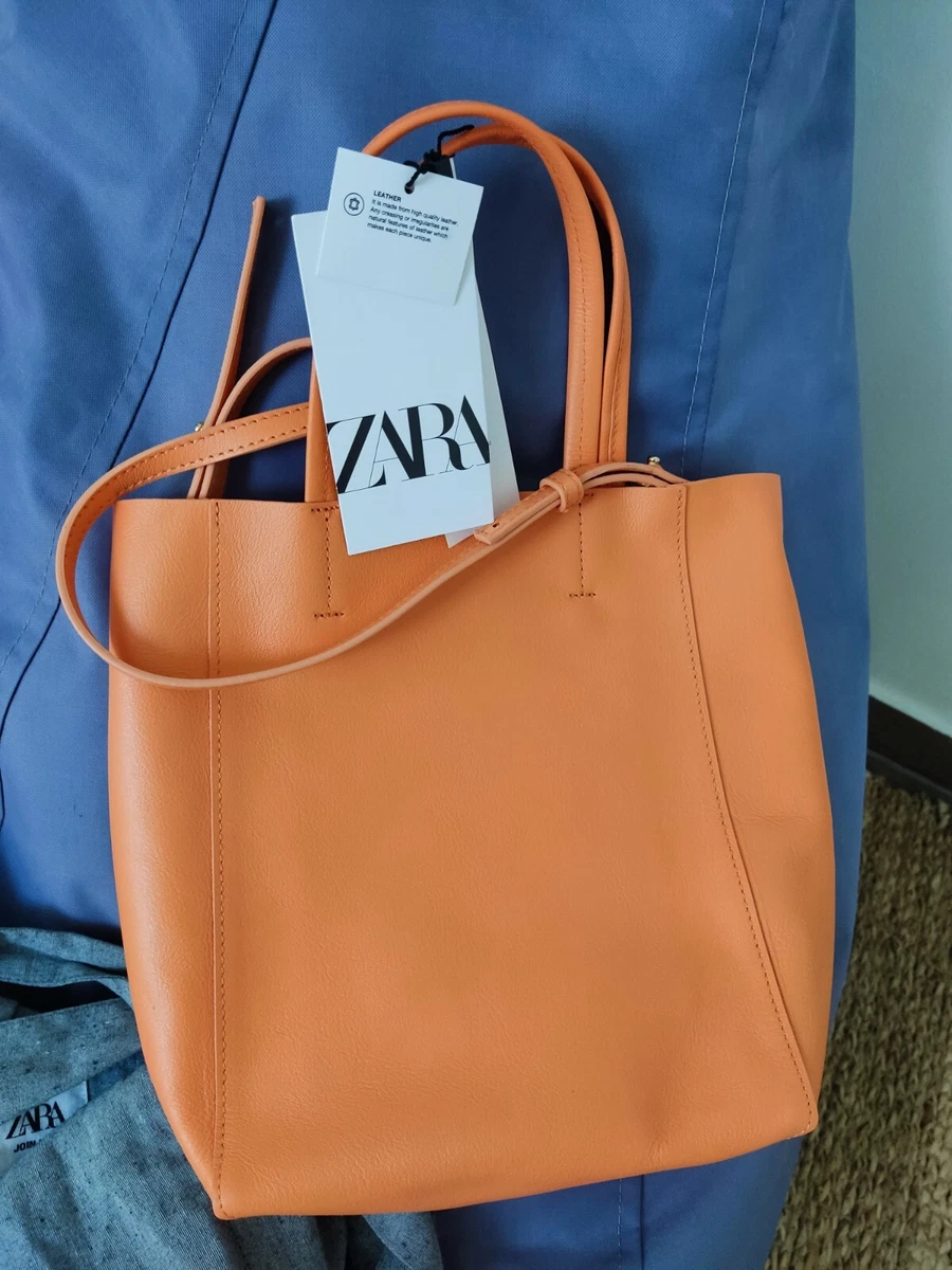 ZARA REAL LEATHER MIDI TOTE BAG ORANGE SOFT CROSSBODY 6496/910