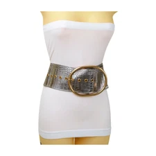 Women Wide Band Metallic Silver Pewter Color Belt Gold Oval Metal Buckle Fit S M