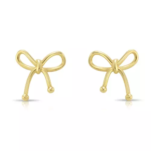 14K Real Solid Yellow Gold Dainty Ribbon Bow Sleeper Stud Earrings Screw-back
