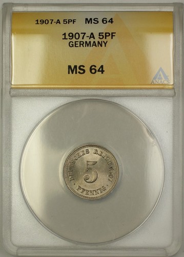 1907-A Germany 5PF Five Pfennings Coin ANACS MS-64 - 第 1/2 張圖片