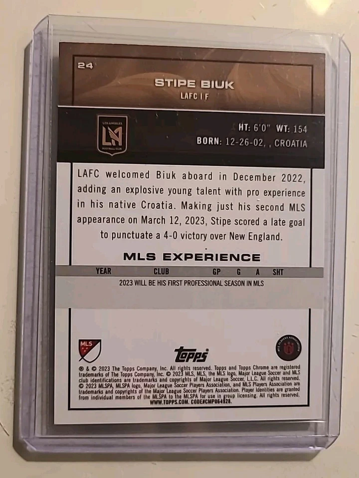 2023 Topps Chrome MLS Gold Refractor #24 Stipe Biuk #d 5/50 Rookie RC - Image 2 of 3