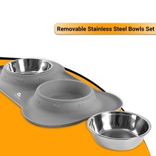 Cat Double Bowl Water Feeder Stainless Steel Puppy or cat Food GRAY Small Size