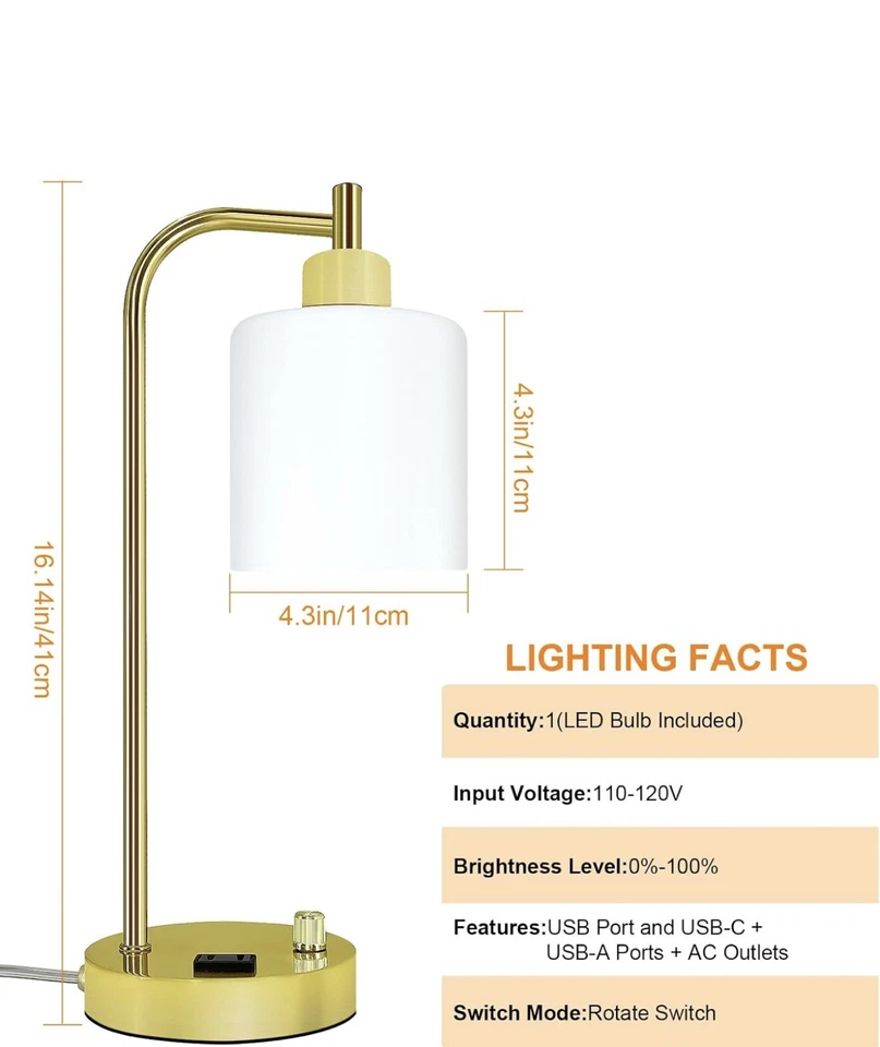 Industrial Table Lamp, Dimmable Gold Desk Lamp,Gold Table Lamp with 2 USB - Image 4 of 4