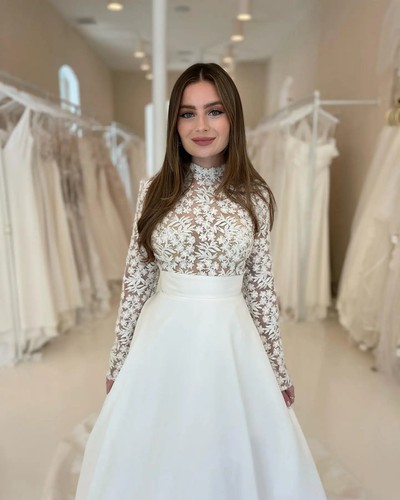 Satin Hochzeitskleider mit hohem Ausschnitt Vollarm Spitze A-Linie formelle Braut erwachsen - Bild 5 von 9