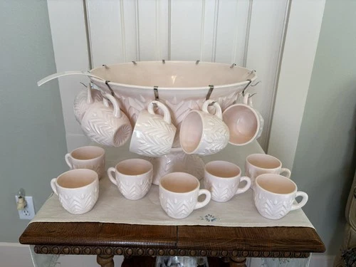 Jeanette Feather Pattern Shell Pink Milk Glass Punch Set Bowl Base 12 Cups Ladle