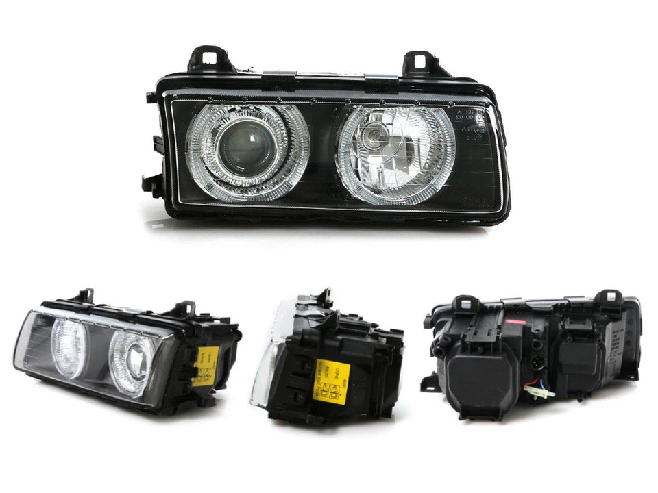 PAR DE FARÓIS BMW E36 2DR 4DR BLACK ANGEL EYE FARÓIS DEPO OE QUALIDADE REINO UNIDO - Imagem 2 de 4