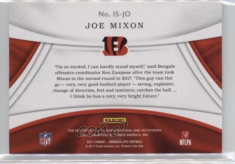 2017 Panini Immaculate Signature Rookie /49 Joe Mixon #IS-JO RPA Patch Auto RC - Image 2 of 2