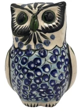 Mexico Tonala Pottery Owl Figurine Handmade Hand Painted Folk Art Bird 4.5” Blue