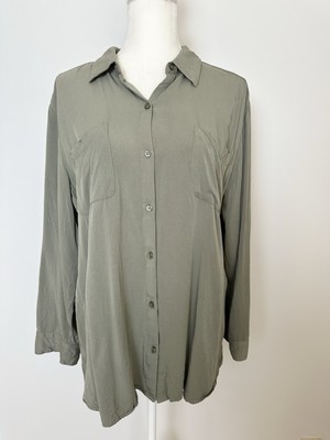 Chico's Women's Button Down Blouse Size 3 Olive Green Pockets Roll Tab Sleeves