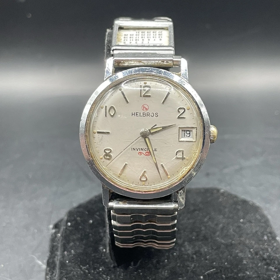 Reloj Helbros Invincible 34mm Vintage Banda Elástica Original con Calendario Diapositivas Foto 2 de 4