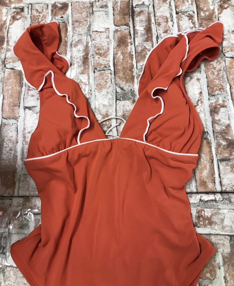 Traje de baño de una pieza Robin Piccone con volantes en V profunda para mujer 8 Naranja Ligeramente acolchado Foto 4 de 4