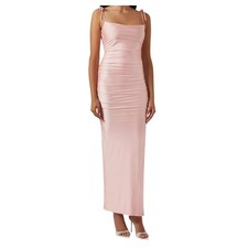 Good American Pink Ruched Spaghetti Strap High Slit Deep V Back Maxi Dress