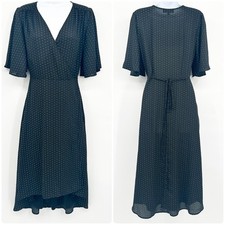 Lulus Womens Farah Black Polka Dot Print Parisian Chic Midi Wrap Dress Size S