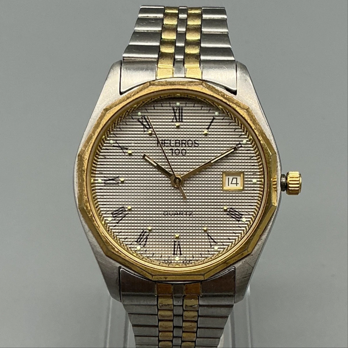 Vintage Helbros Mens Watch 32mm Silver Dial Two Tone Date New Battery 7\