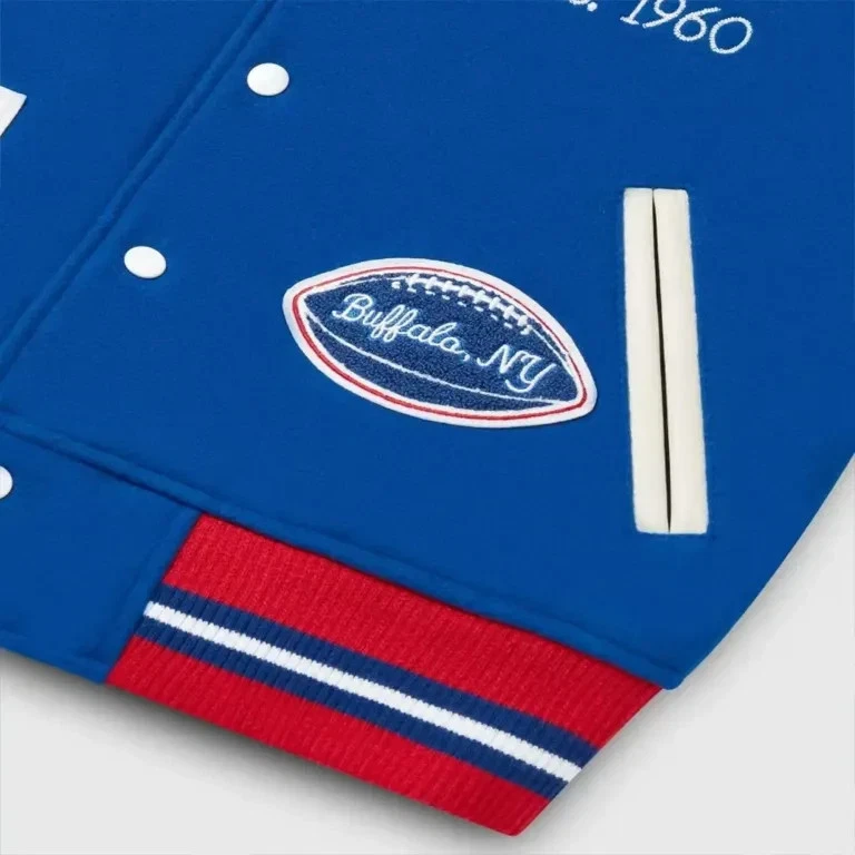 OVO Buffalo Bills Varsity Leather and Wool Baseball Jacket Blue and White Sleeves