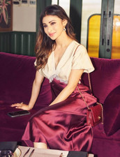 ZARA Burgundy & Ecru Satin Midi Dress with Lace Trim Size S 9180/302 Trendy