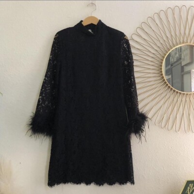NWT CACHE Feather-Trim Long Sleeve Lace Sheath Dress Cocktail Party Formal Midi
