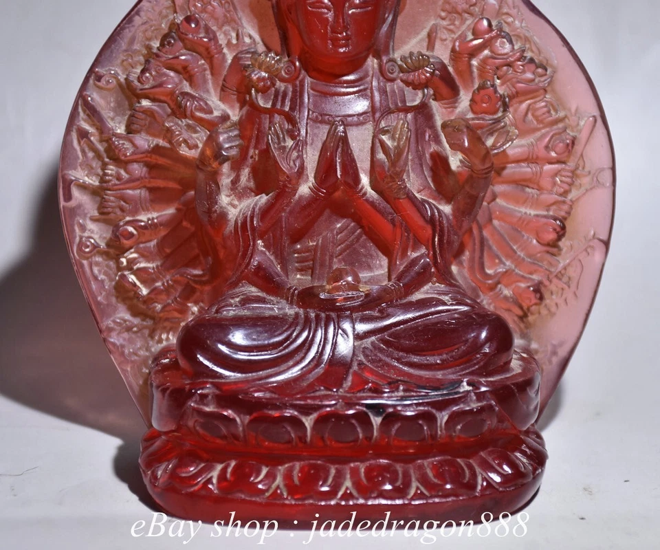 6" Old Chinese Red Amber Carved Sit 1000 Arms Avalokiteshvara of Goddess Statue - Image 3 of 4