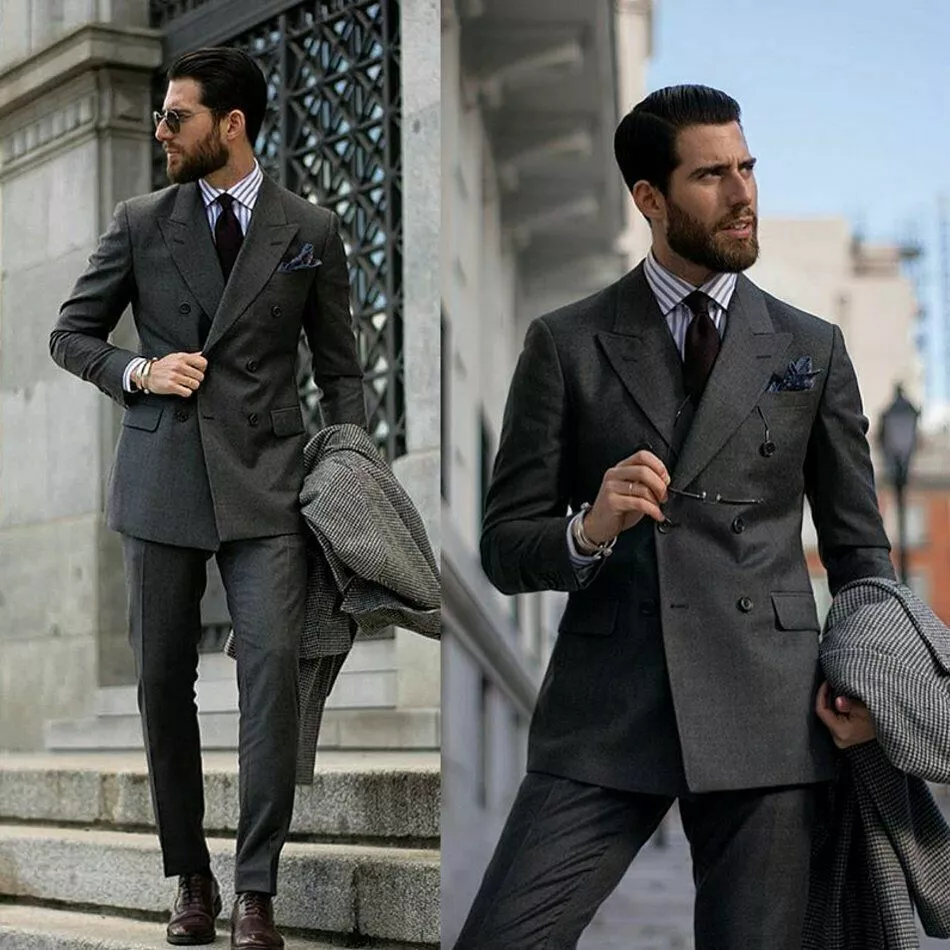 Grey Men's Double Breasted Suit Business Formal Luxury Prom