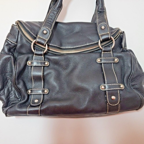 Coldwater Creek Large Black Genuine Leather Satchel Purse Zipper Pocket Pouch - Picture 2 of 9