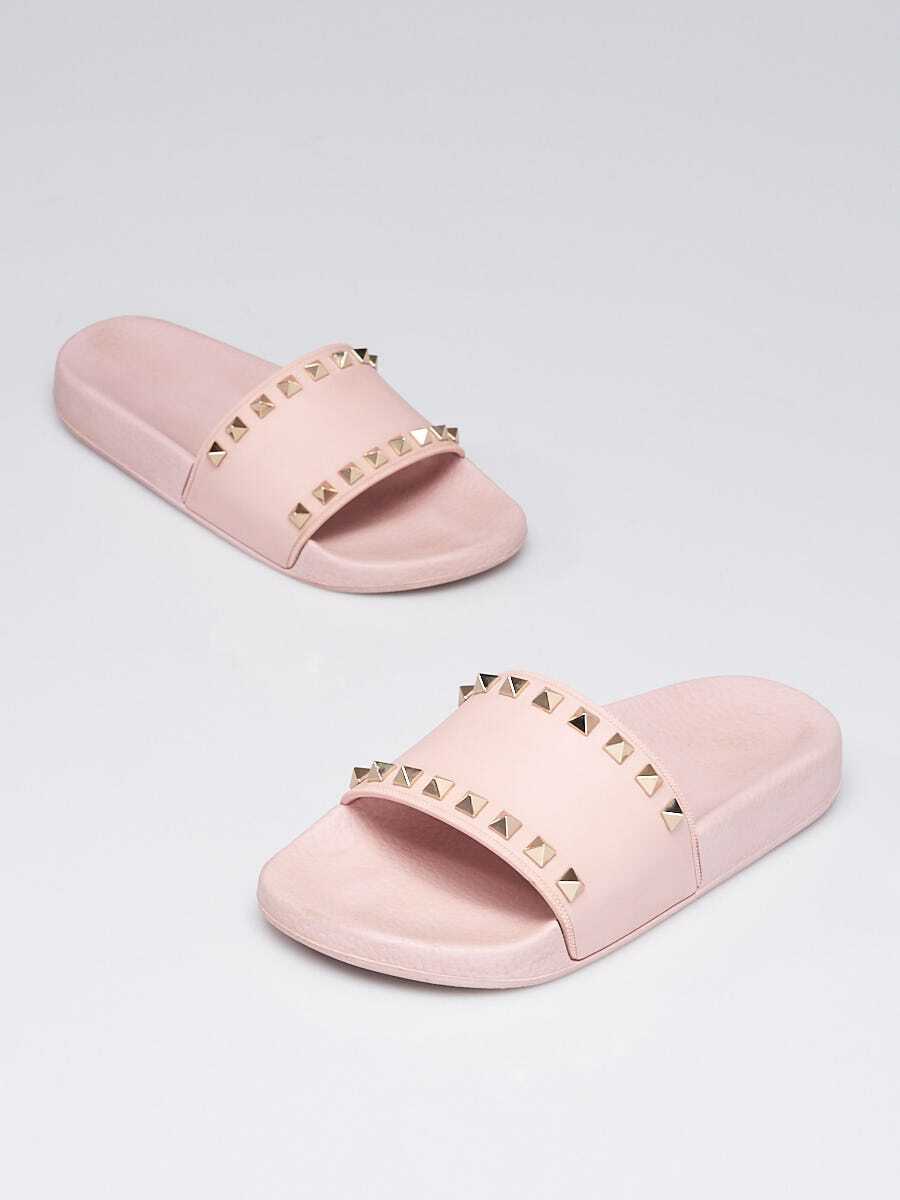 Valentino Pink Rubber Rockstud Spiked Pool Slides Size