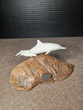 Dolphin Duo Sculpture 6" Long on Burlwood John Perry Studios