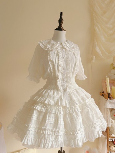 Lindo conjunto camisa blusa y falda burbuja manga corta de algodón para mujer Mori Girl Lolita - Imagen 15 de 19