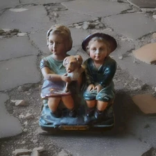 Polychrome Plaster Statue Of Boy, Girl And Dog 'The Little Mountaineer'