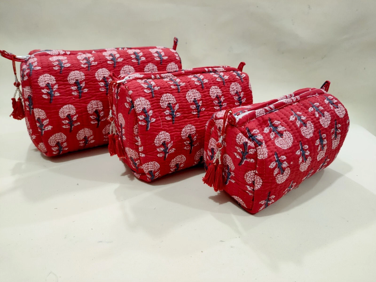 Indian Red Floral Quilted Toiletry Bag Cotton Unisex Makeup Bags 3 Pcs Set US