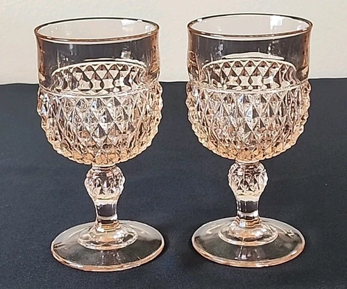 Pink Depression Glass 2pc Large 6.5" Indiana Glass Diamond Point Footed Goblets