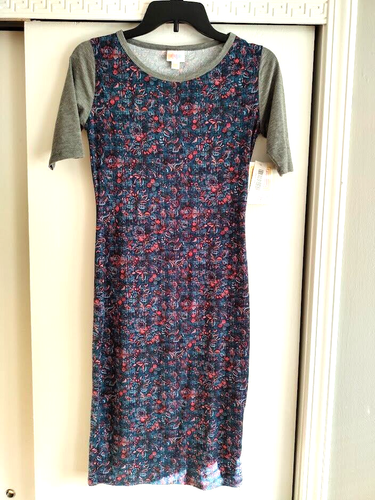 LulaRoe Julia Summer Casual Cotton Midi T-Shirt Dress Size XXS Navy & Multicolor - Picture 2 of 9