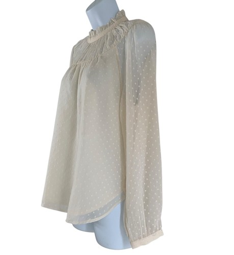 Loft Ruffle Lace Standing Collar Clip Smocked Yoke Blouse Cream Size Small NWT - Picture 8 of 13