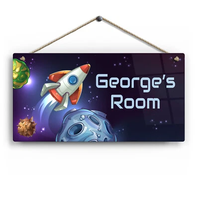 Personalised Metal Room Sign with Name - Space Rocket Theme. Gloss Aluminium