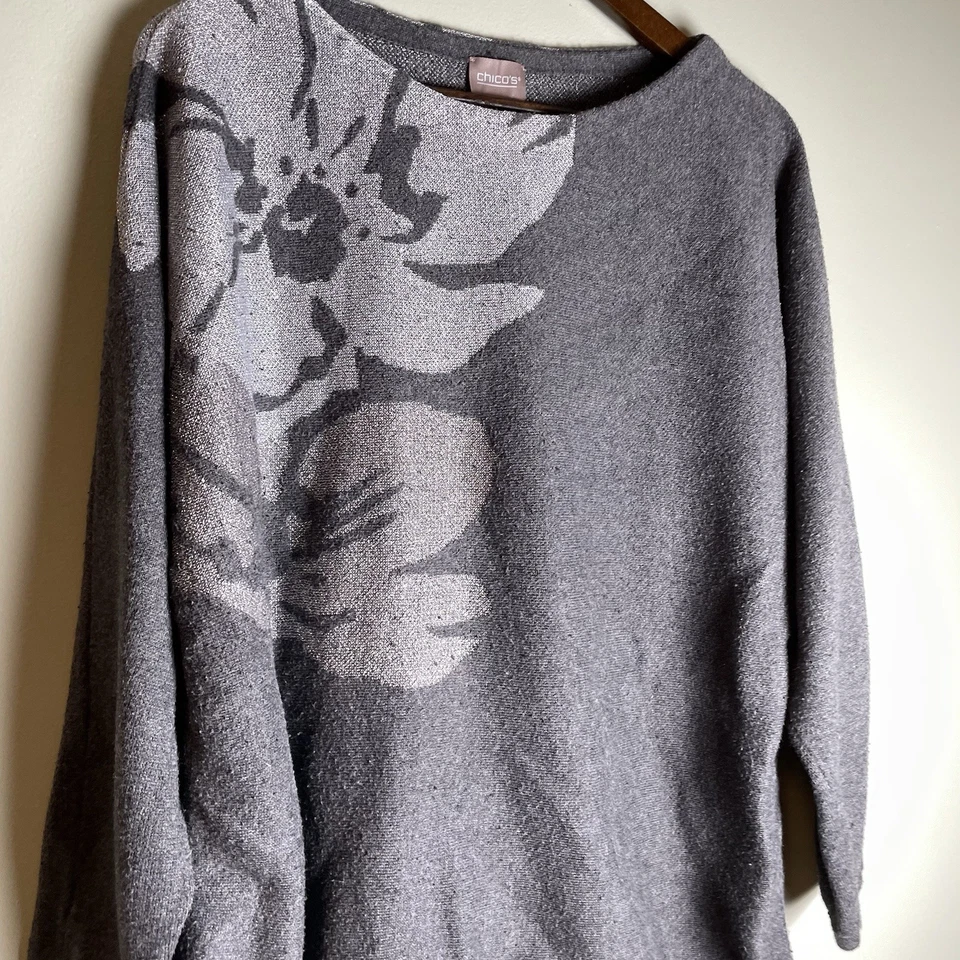 Rare! Chico's Sweater Size 3 US XL Floral Sparkle Shimmer Pullover Gray Silver - Image 3 of 4