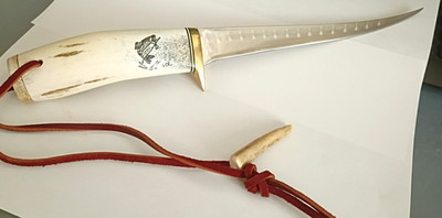 Ken Richardson 12'' Custom Fillet Polished Stag Handled Bass Scrimshaw Knife