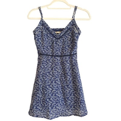 Miami Francescas Blue White Leaf Print Cotton Mini Dress Crochet Trim