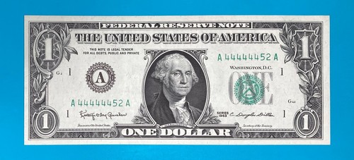 А 44444452 A : Six 4 's in a Row $1 One Dollar Bill Serial Number (1963) *UNC* - Picture 2 of 3