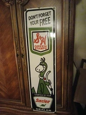 VINTAGE LARGE SINCLAIR GASOLINE GREEN STAMPS DINO SERVICE 3FT PORCELAIN SIGN 