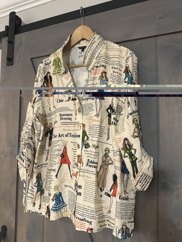 Camisa John Mark L Abotonada Artística Cuello de Alambre Top Mangas Acanaladas Estampado de Moda Foto 2 de 4