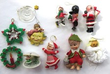 Vintage 11 Christmas Ornaments, 2 Flocked, 2 Beaded, 3 Wooden, 1 Jerrandiz
