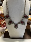 Vintage Gold Tone Glass Crystal & Maroon Bead Necklace Signed Natasha 20”