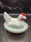 Vintage Westmoreland Mini Milk Glass Hen on Nest - Double Signed - Red Comb