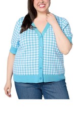 Denim & Co. Heritage Puff Sleeve Gingham Cardigan Cornflower Blue