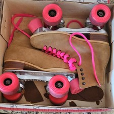 Riedell Roller Skates Sure-Grip Super X 4L Plates  Wheels Brown Pink Laces